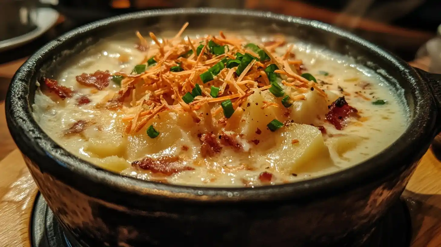 A creamy bowl of baked potato soup topped with bacon, cheese, and green onions, served hot.