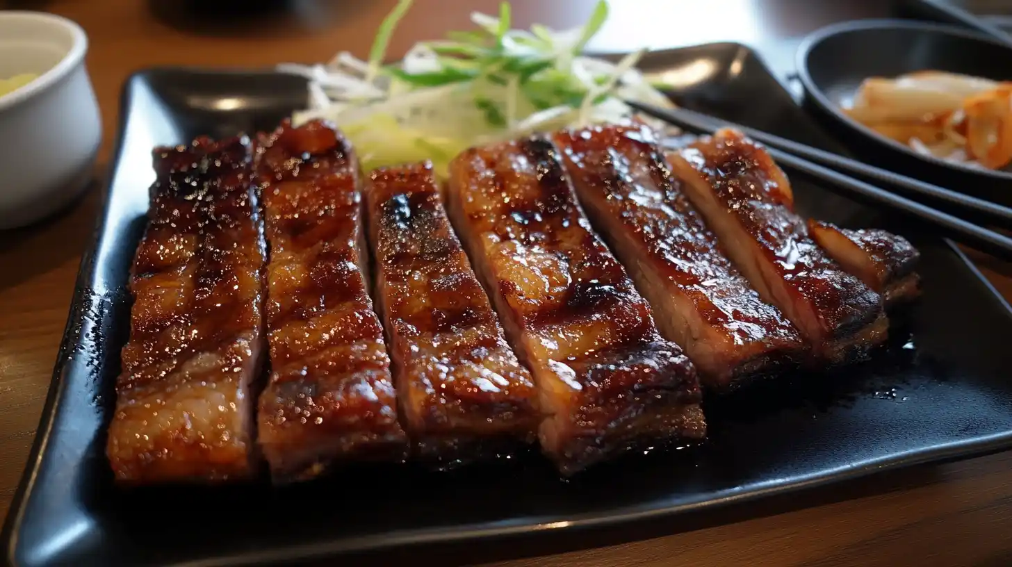 A plated dish of beef belly with chopsticks, showcasing its role in different cuisines.