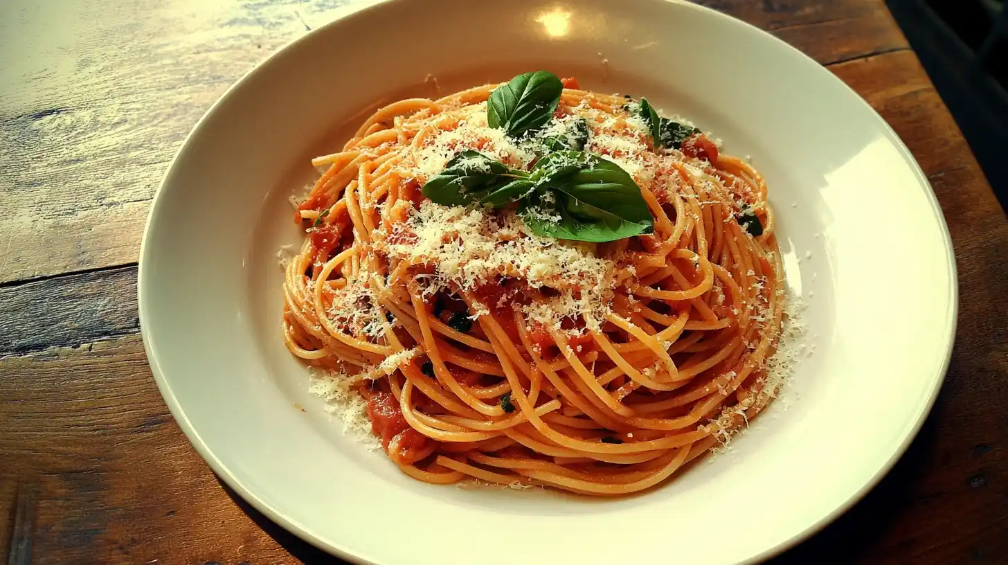 Plate of spaghetti garnished with basil and Parmesan on a wooden table.