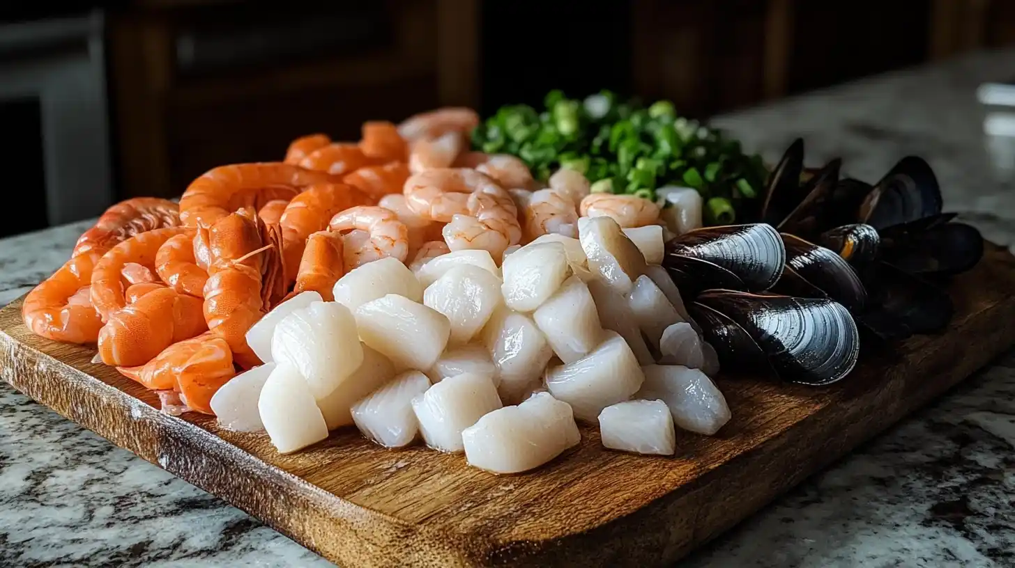 Fresh frozen seafood mix on a rustic wooden board, ready for cooking.