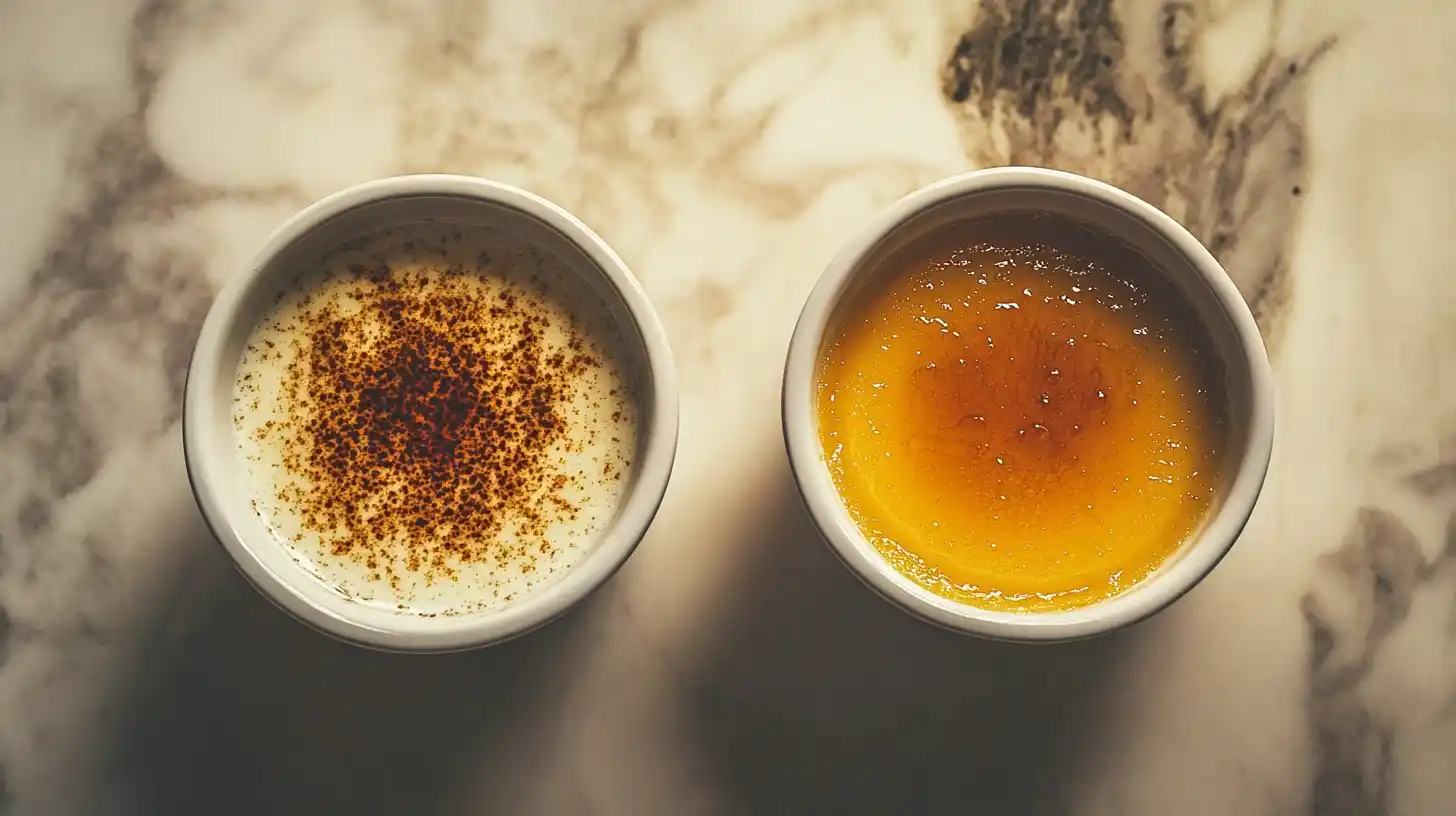 "A side-by-side comparison of crème brûlée and custard in white ramekins, highlighting the contrast between the caramelized sugar top and smooth custard."