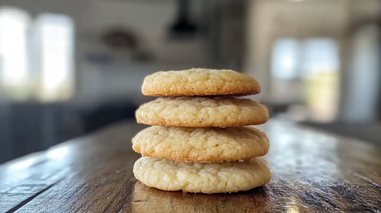 Soft, chewy cookies stacked on a wooden table in a cozy kitchen setting.