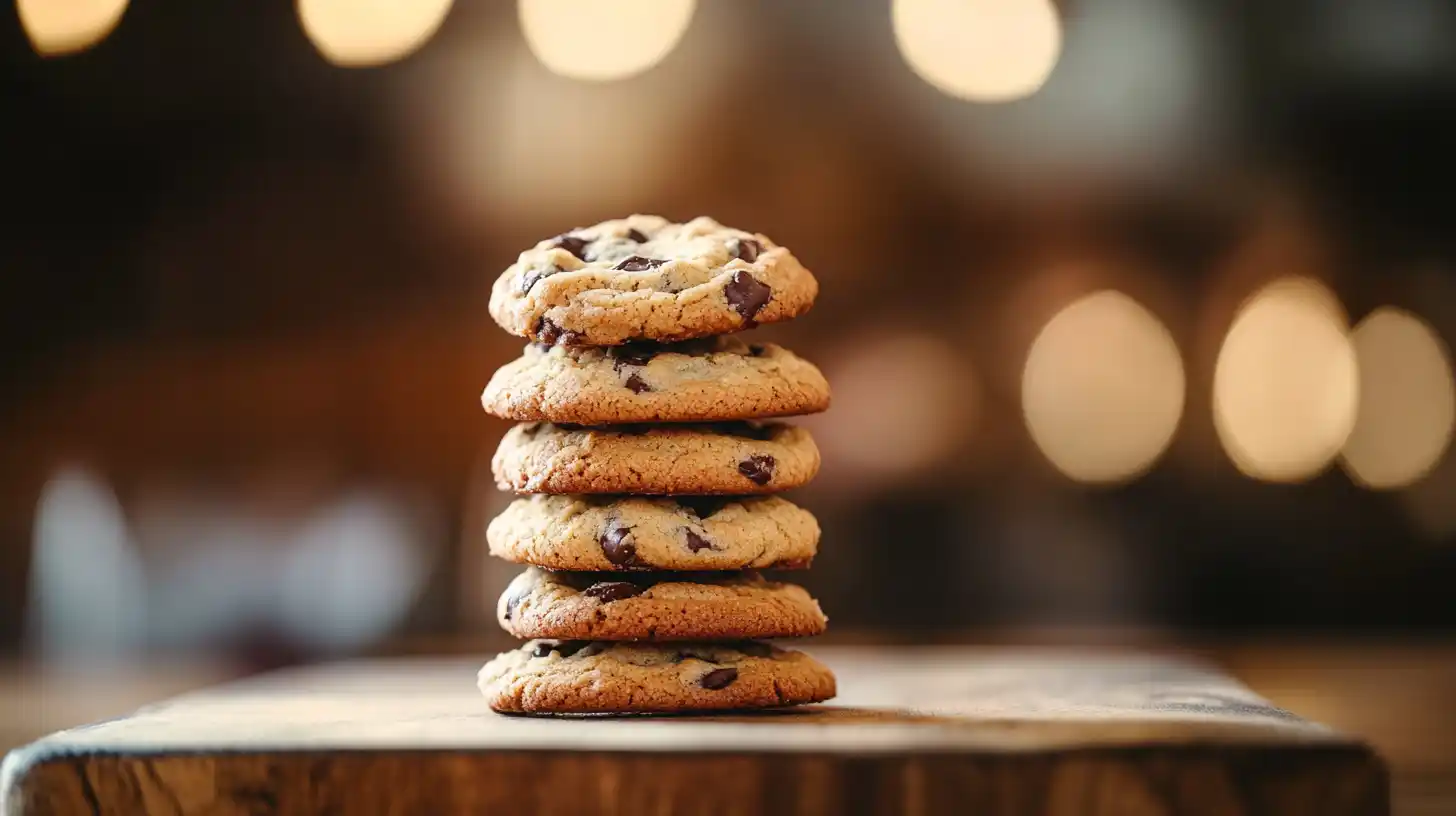 Soft and chewy cookies on a wooden board, freshly baked and warm.