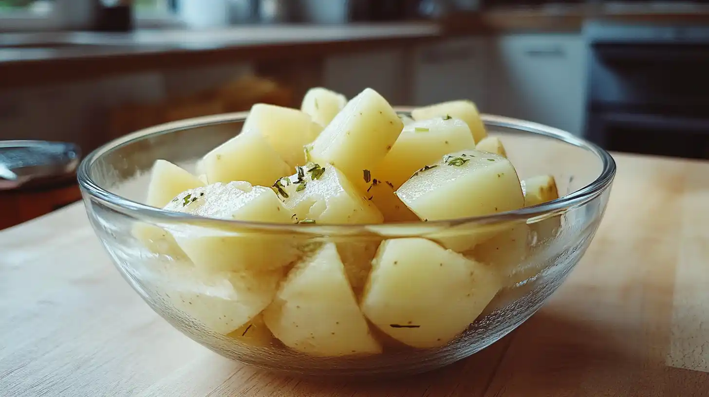 A bowl of raw potato fries soaking in water to remove starch before frying, taken with an iPhone 15.