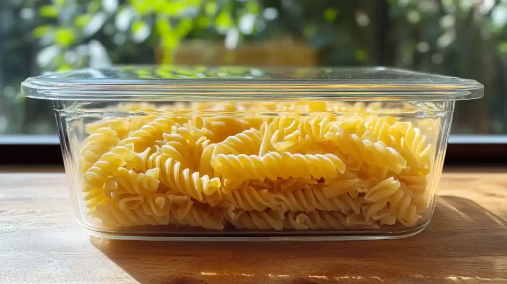 Leftover pasta stored in a glass container for later use.
